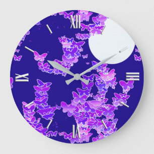 Reloj Redondo Grande Moonscape con las mariposas - lila, azul marino