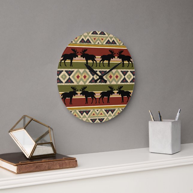 Reloj Redondo Grande Moose Wildlife Animal Rojo Ochre Ikat Stripes (Oficina)