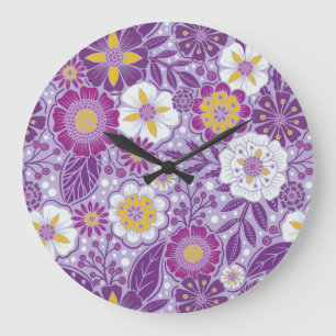 Reloj Redondo Grande Morado, amarillo y magenta floral