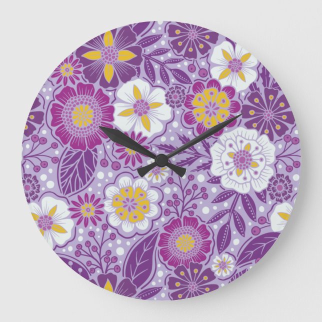 Reloj Redondo Grande Morado, amarillo y magenta floral (Anverso)