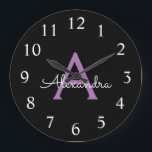 Reloj Redondo Grande Morado Black Script Girly Monograma Nombre<br><div class="desc">Reloj de nombres de monograma de escritura simple púrpura y negra. Esto hace que el dulce perfecto cumpleaños 16,  boda,  ducha de novia,  aniversario,  ducha de bebé o fiesta de soltera sea regalo para alguien que ama el lujo glam y los estilos de moda.</div>