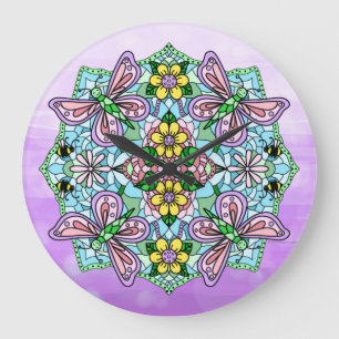 Reloj Redondo Grande Morado, mariposas y flores rosadas Mandala