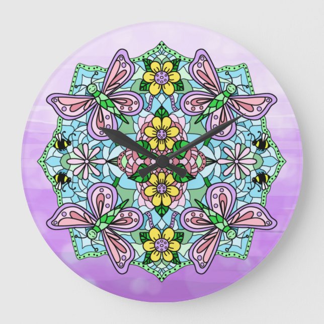 Reloj Redondo Grande Morado, mariposas y flores rosadas Mandala (Anverso)