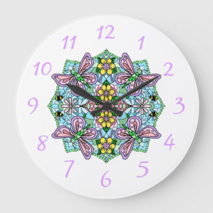 Reloj Redondo Grande Morado, mariposas y flores rosadas Mandala