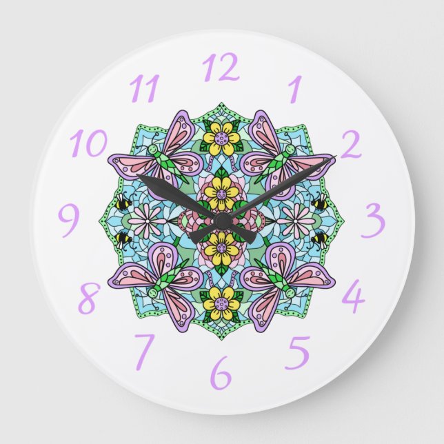 Reloj Redondo Grande Morado, mariposas y flores rosadas Mandala (Anverso)
