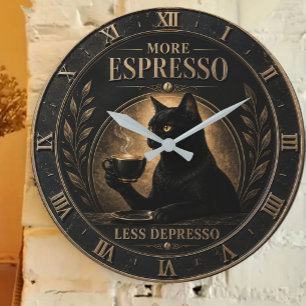 Reloj Redondo Grande More Espresso Less Depresso Black Cat
