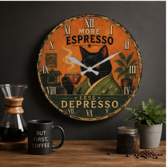 Reloj Redondo Grande More Espresso Less Depresso Cat (Subido por el creador)
