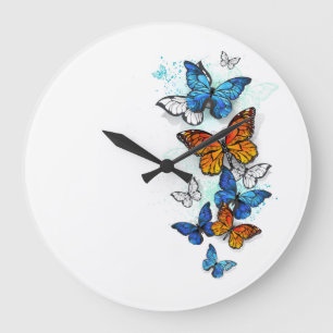 Reloj Redondo Grande Morfo y monarca de las mariposas voladoras