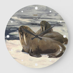 Reloj Redondo Grande Morsas en la nieve ártica, animal marino vintage