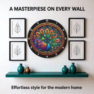 Reloj Redondo Grande Mosaico de Pavo Real con Plumaje Vibrante
