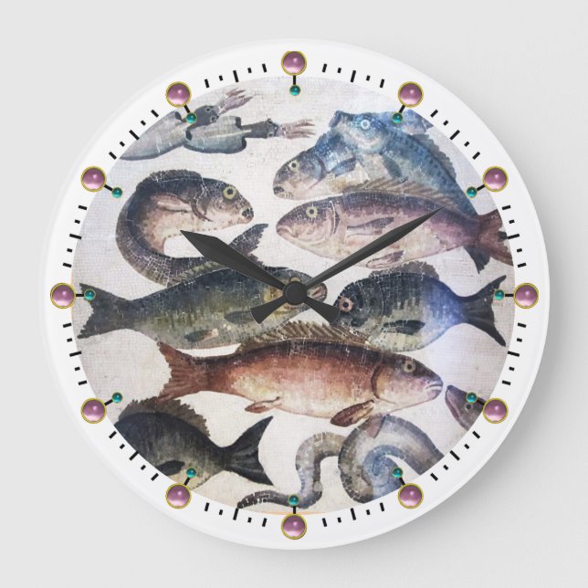 RELOJ REDONDO GRANDE MOSAICOS ROMANOS ANTIGUOS, PESCADOS, ESCENA DE VID (Anverso)