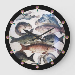 RELOJ REDONDO GRANDE MOSAICOS ROMANOS ANTIGUOS, PESCADOS, ESCENA DE VID