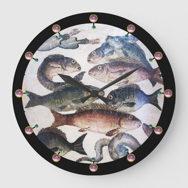 RELOJ REDONDO GRANDE MOSAICOS ROMANOS ANTIGUOS, PESCADOS, ESCENA DE VID (Anverso)