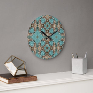 Reloj Redondo Grande Motivo de arte bohemio marrón turquesa verde