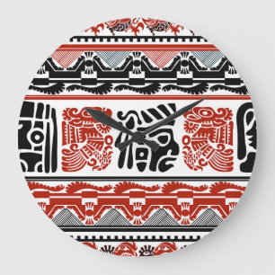 Reloj Redondo Grande Motivos indios, rojo negro, patrón sin costuras.