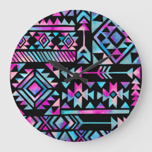 Reloj Redondo Grande Motivos tribales acuarelas, tapicería étnica.