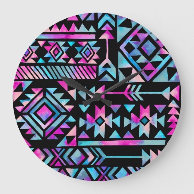 Reloj Redondo Grande Motivos tribales acuarelas, tapicería étnica. (Anverso)