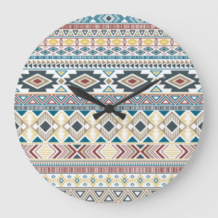Reloj Redondo Grande Motivos tribales aztecos: diseño sin foco geométri