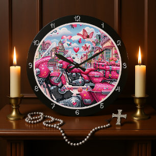 Reloj Redondo Grande Motocicleta de espuma rosa