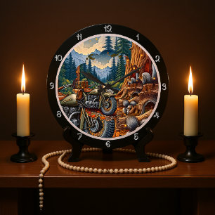 Reloj Redondo Grande Motocicleta en el bosque