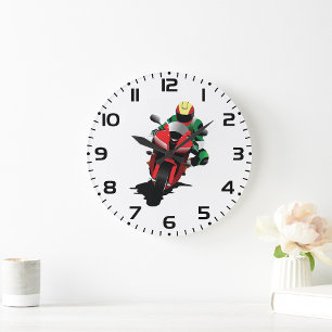 Reloj Redondo Grande Motociclista montando una Sportbike Roja