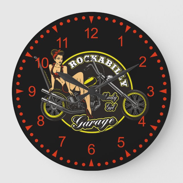Reloj Redondo Grande Motorcicleta Pinup Babe Rockabilly Garaje Grande (Anverso)