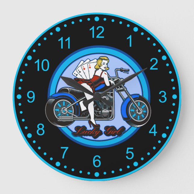 Reloj Redondo Grande Motorcicleta Pinup Babe Y Tarjetas (Anverso)