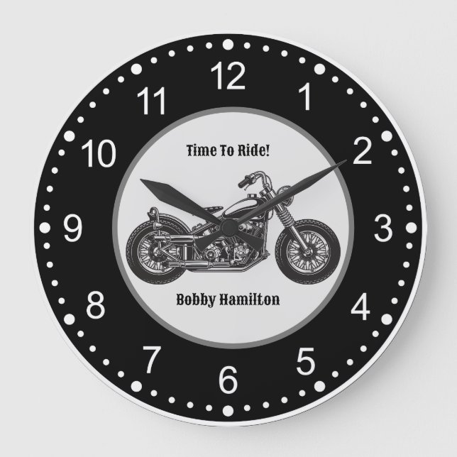 Reloj Redondo Grande Motorcycle Biker Nombre y mensaje personalizado (Anverso)