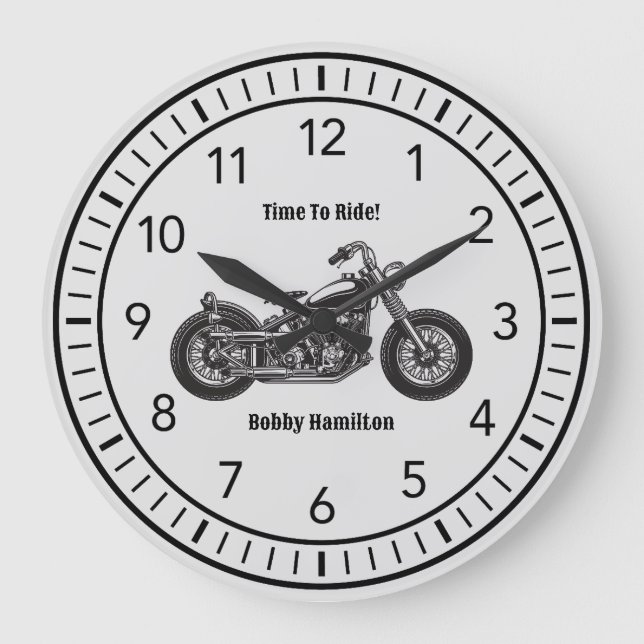 Reloj Redondo Grande Motorcycle Biker Nombre y mensaje personalizado (Anverso)