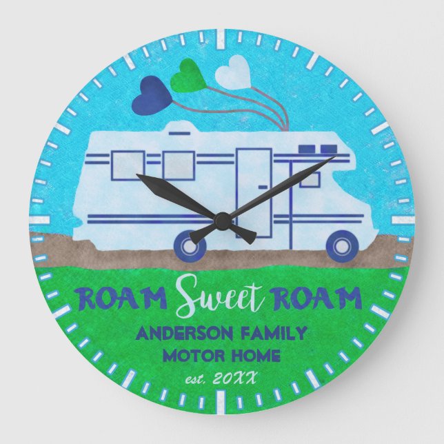 Reloj Redondo Grande Motorhome RV Camper Roam Nombre Personalizado V2 (Anverso)