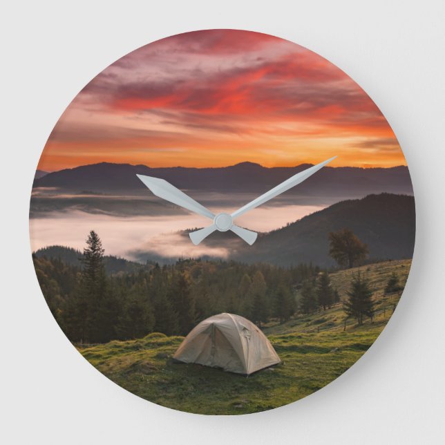Reloj Redondo Grande Mountains | Camping Foggy Sunrise (Anverso)