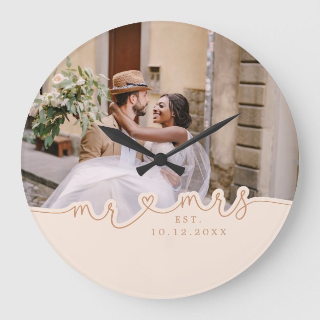 Reloj Redondo Grande Mr Mrs Script Heart Photo Wedding (Anverso)