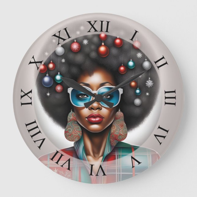 Reloj Redondo Grande Mujer africana, arte de humor de año nuevo (Anverso)