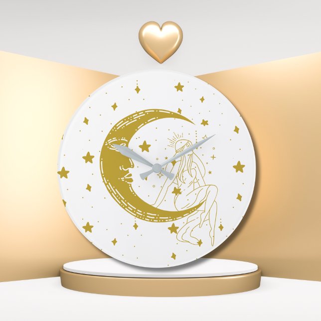 Reloj Redondo Grande Mujer celeste, estrellas de la luna, boho, astrono (Subido por el creador)