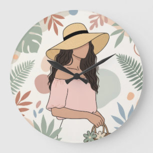 Reloj Redondo Grande Mujer con sombrero de paja con flores