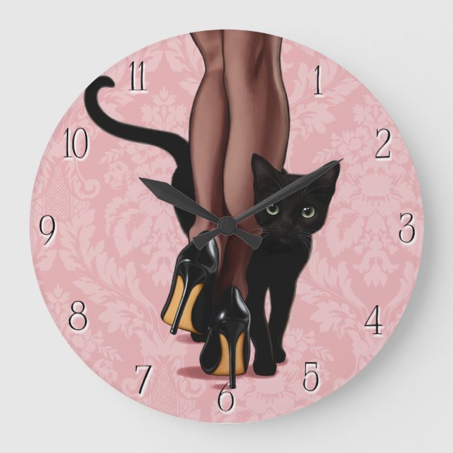 Reloj Redondo Grande Mujer elegante y gato negro (Anverso)