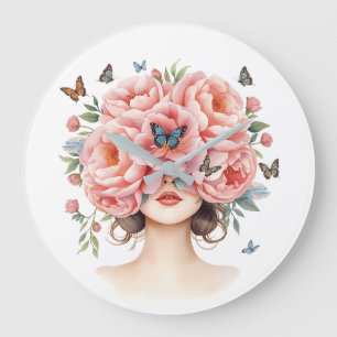 Reloj Redondo Grande Mujer Hermosa con Rosas Rosadas Gigantes y Maripos