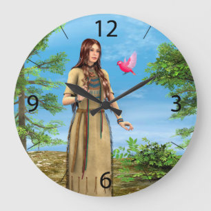 Reloj Redondo Grande Mujer Nativa Americana Arte de Bosque Ave