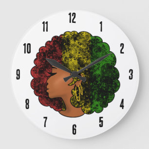 Reloj Redondo Grande Mujer negra rasta afro rojo amarillo verde 