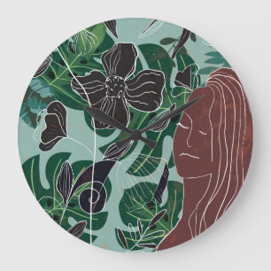 Reloj Redondo Grande Mujer verde, Ilustracion Vintage moderno.