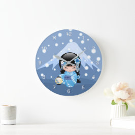 Reloj Redondo Grande Muñeca Kokeshi de invierno - Chica Geisha de la Mo