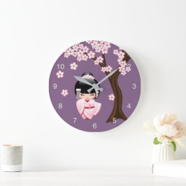 Reloj Redondo Grande Muñeca Kokeshi de Kimono Blanco Niña Geisha Adorab