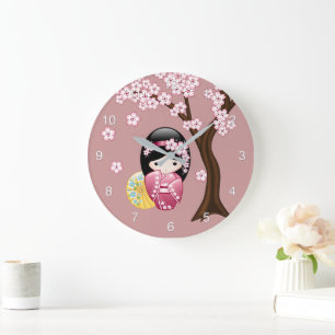 Reloj Redondo Grande Muñeca Kokeshi de Primavera - Geisha Japonesa Ador