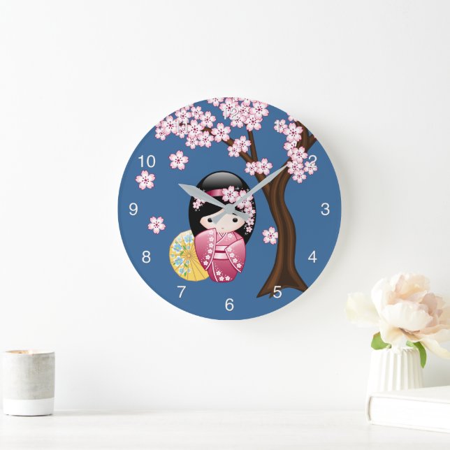 Reloj Redondo Grande Muñeca Kokeshi de primavera - Geisha japonesa suav (Hogar)