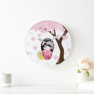 Reloj Redondo Grande Muñeca Kokeshi de Primavera - Linda Chica Geisha J