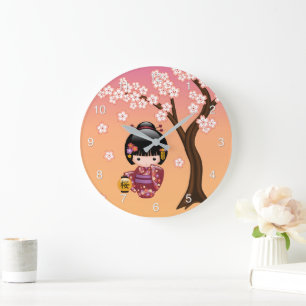 Reloj Redondo Grande Muñeca Kokeshi de Sakura - Muchacha Geisha en Melo