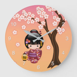 Reloj Redondo Grande Muñeca Kokeshi de Sakura - Muchacha Geisha en Melo
