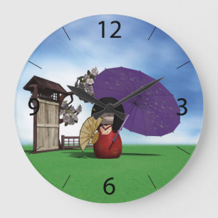 Reloj Redondo Grande Muñeca Kokeshi Japonesa Arte Flor de Cerezo