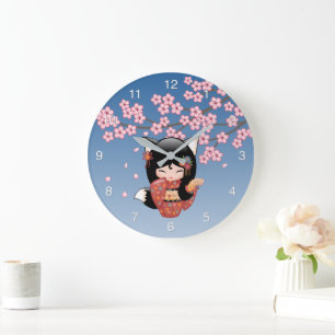 Reloj Redondo Grande Muñeca Kokeshi Kitsune - Chica Geisha Zorro Negro