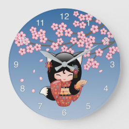 Reloj Redondo Grande Muñeca Kokeshi Kitsune - Chica Geisha Zorro Negro